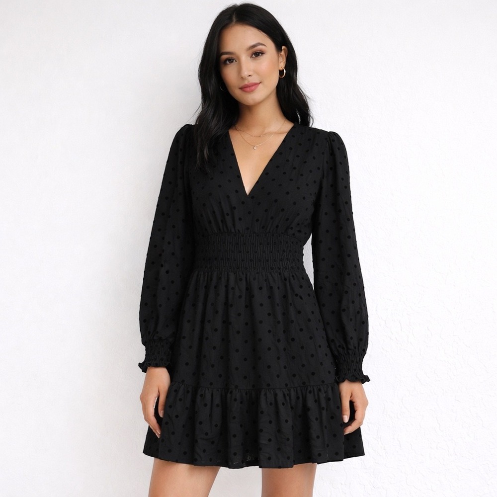 Zara Dress M Black Mini Velvet Polka Dot Long Sleeve Feminine Whimsygoth Peasant